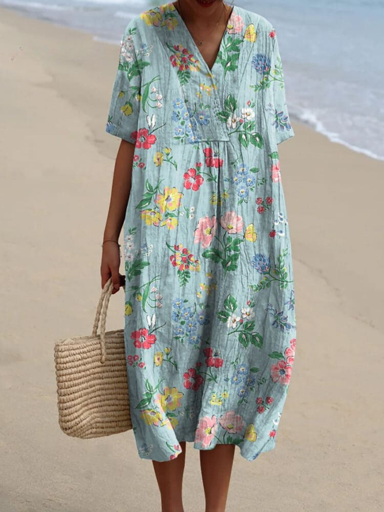 Retro Style Summer Floral Pattern Printed Women's Flowy Dress