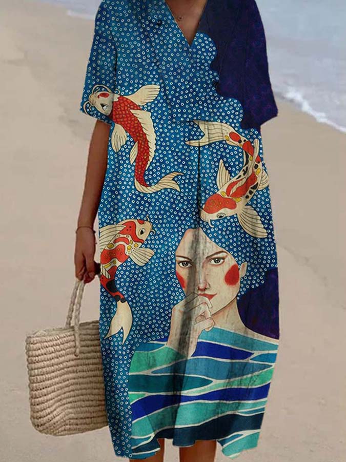 Women's Retro Colorblock Girls Fish Print Casual Cotton And Linen Dress