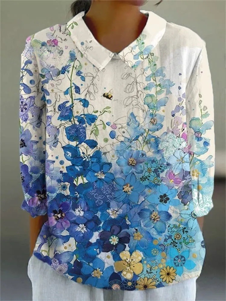 Women's Vintage Oil Painting Floral Print Design Lapel Shirt