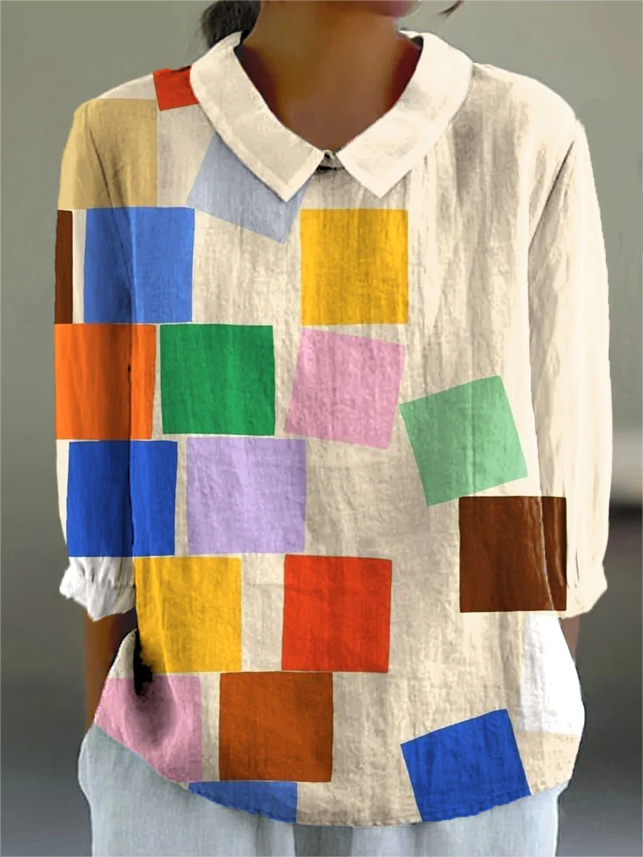 Women's Colorful Block Art Print Casual 3/4 Sleeve Shirt