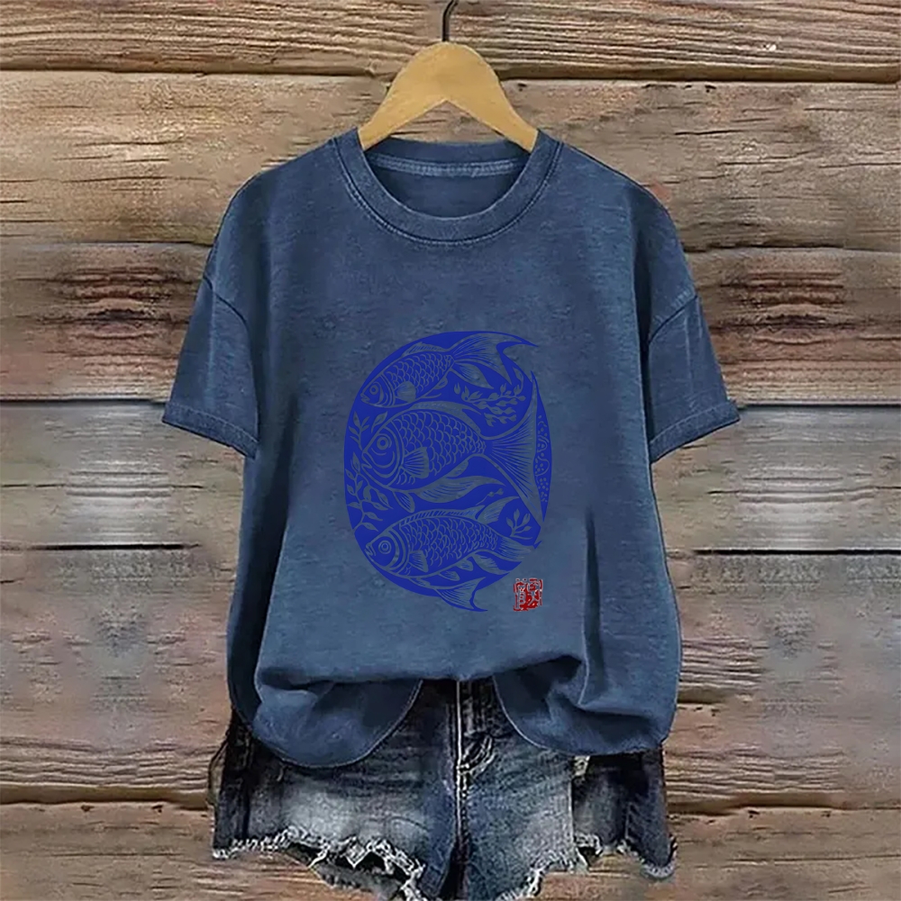 Cotton Japanese Linocut Fish Art Print T-shirt