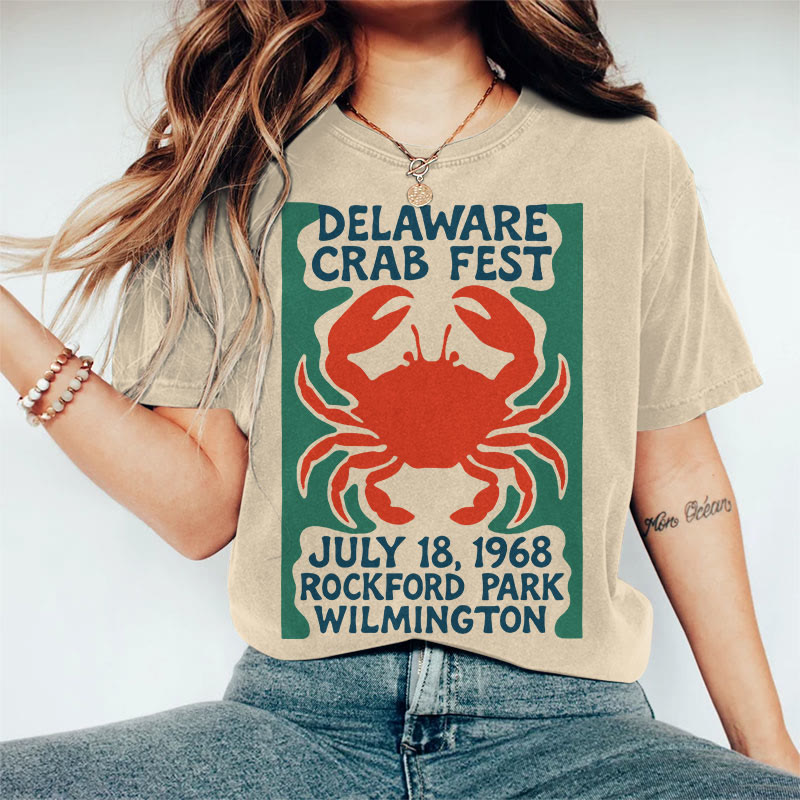 100% Cotton Women's Delaware Crab Fest  Art Print Casual T-shirt