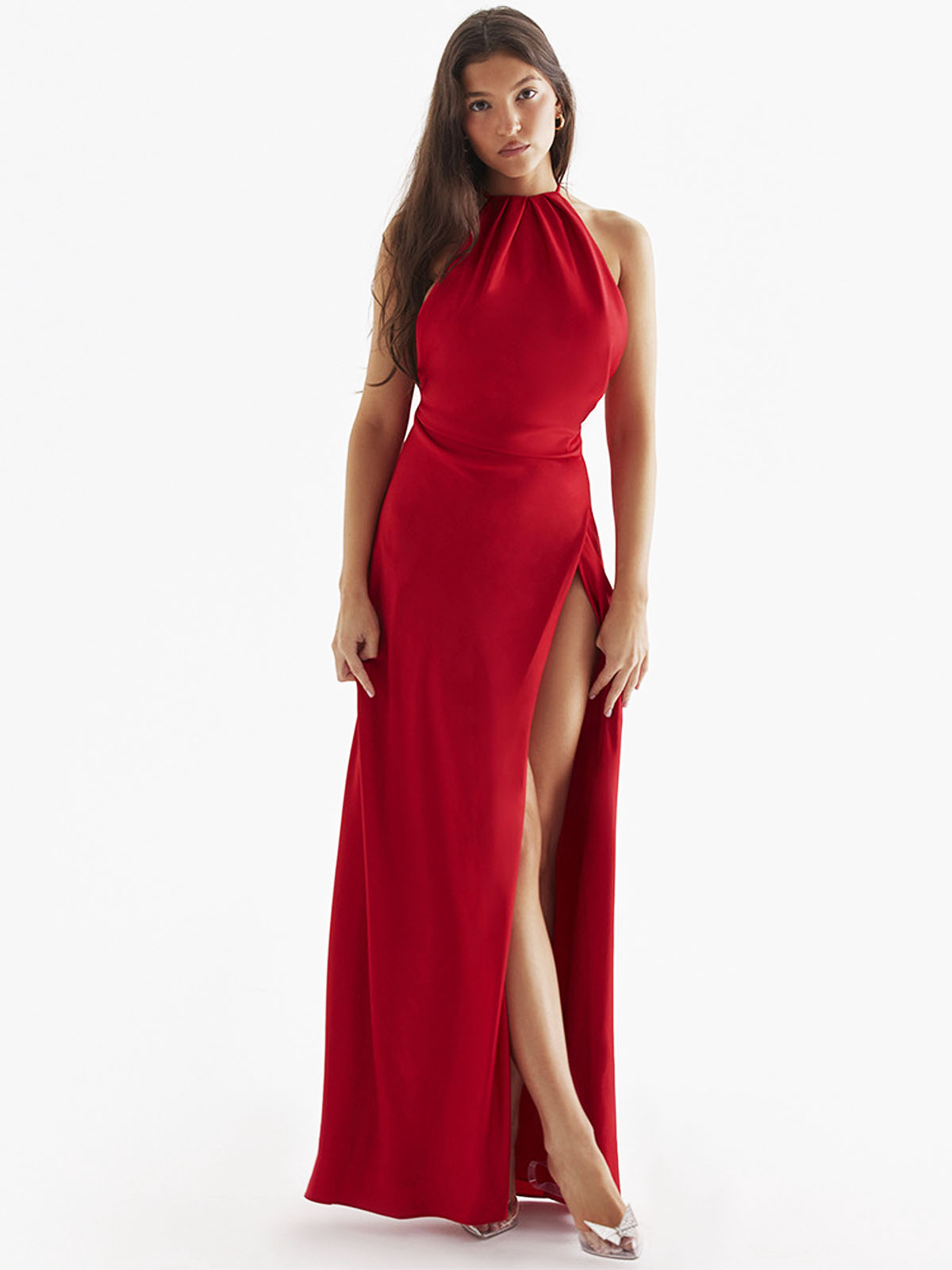 Halter neck open back slit long skirt temperament white dress evening dress