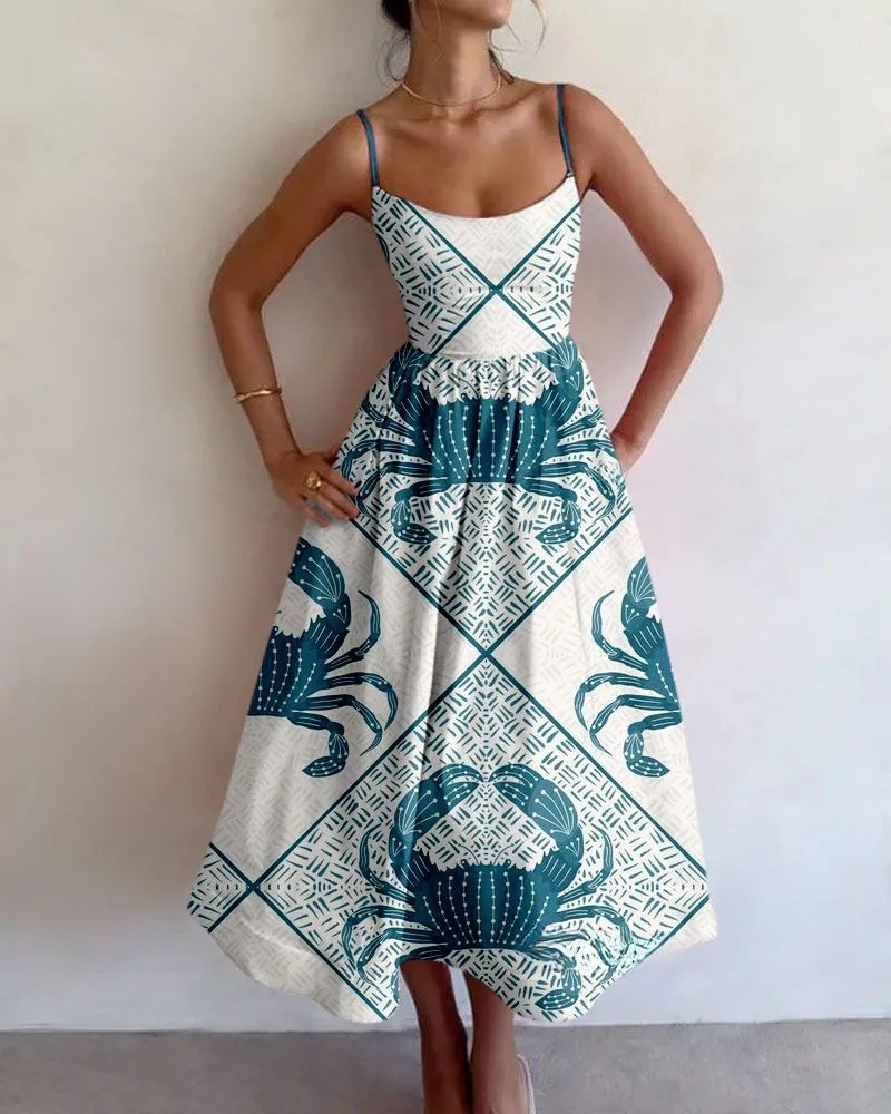 Vintage Crab Printed Sling Dress