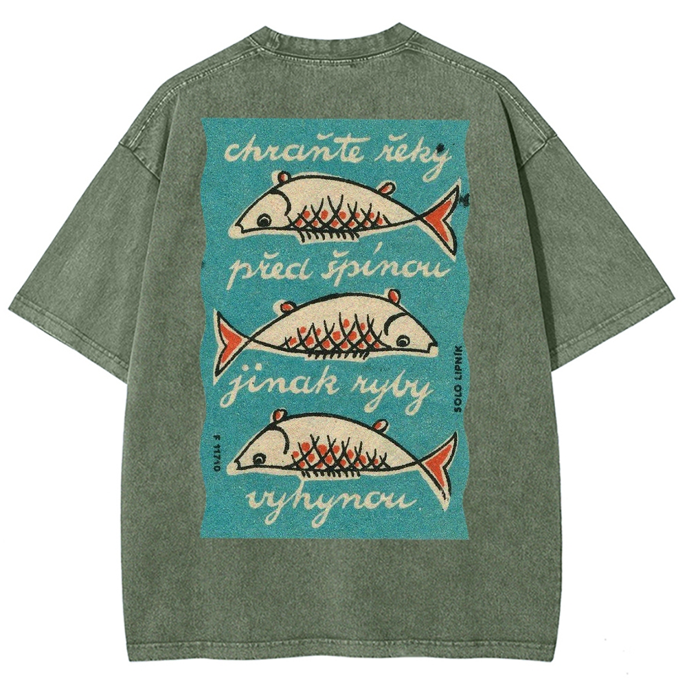 Fishes Pattern Printed Washed Vintage Short Sleeves T-Shirt