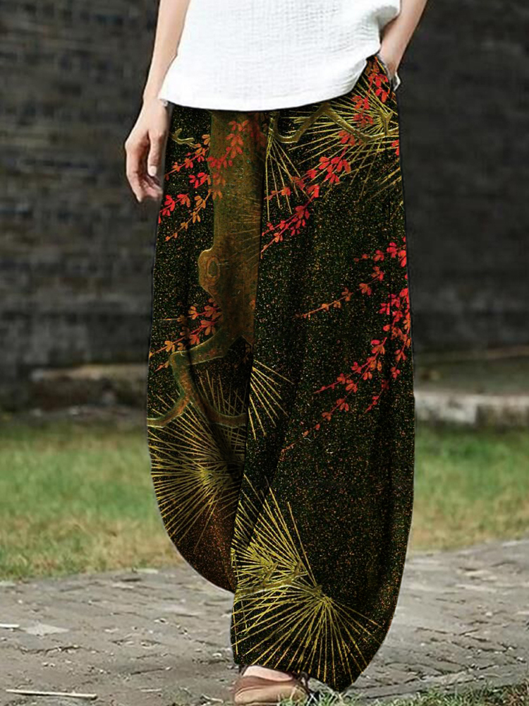 Japanese Pine Needle & Flower Pattern Women's Linen Loose Pants
