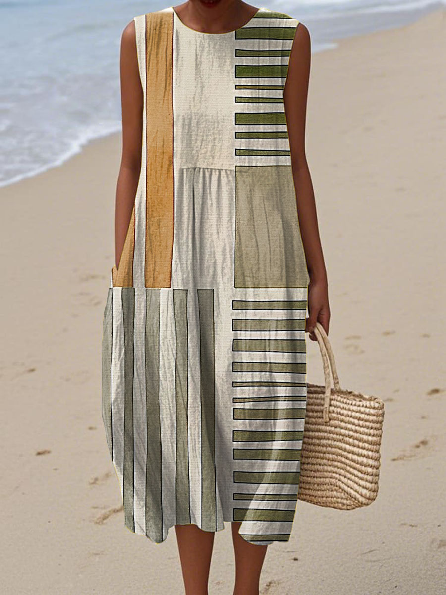 Women's Vintage Art Geometric Lines Print Sleeveless Cotton Pocket Wrap Dress