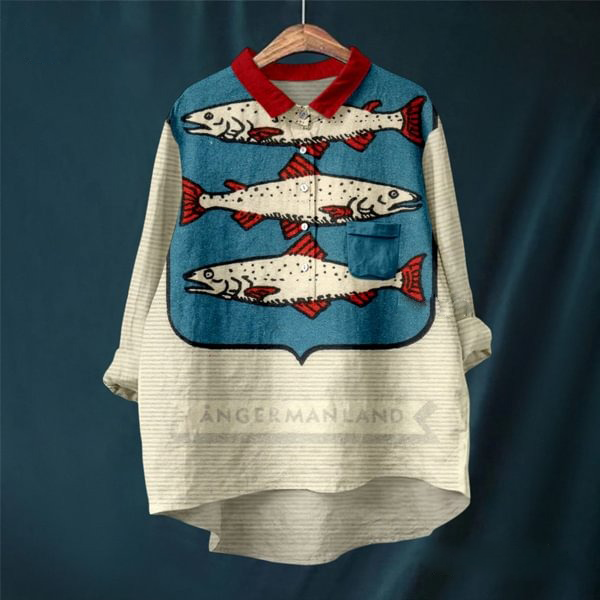 Vintage Fish Print Lapel Shirt