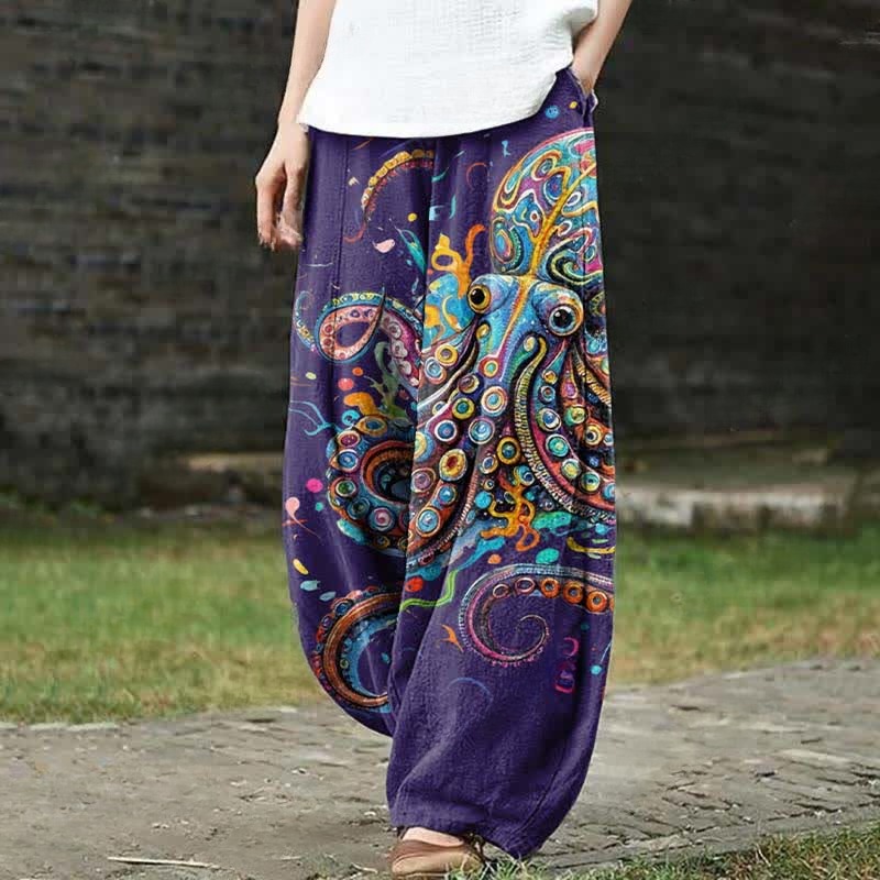 Vintage Rainbow Octopus Art Print Casual Pants