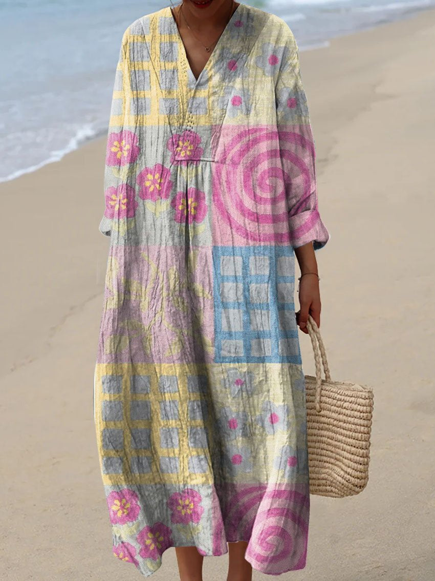 Women's Vintage Lovely Floral Art Print Flowy Dress