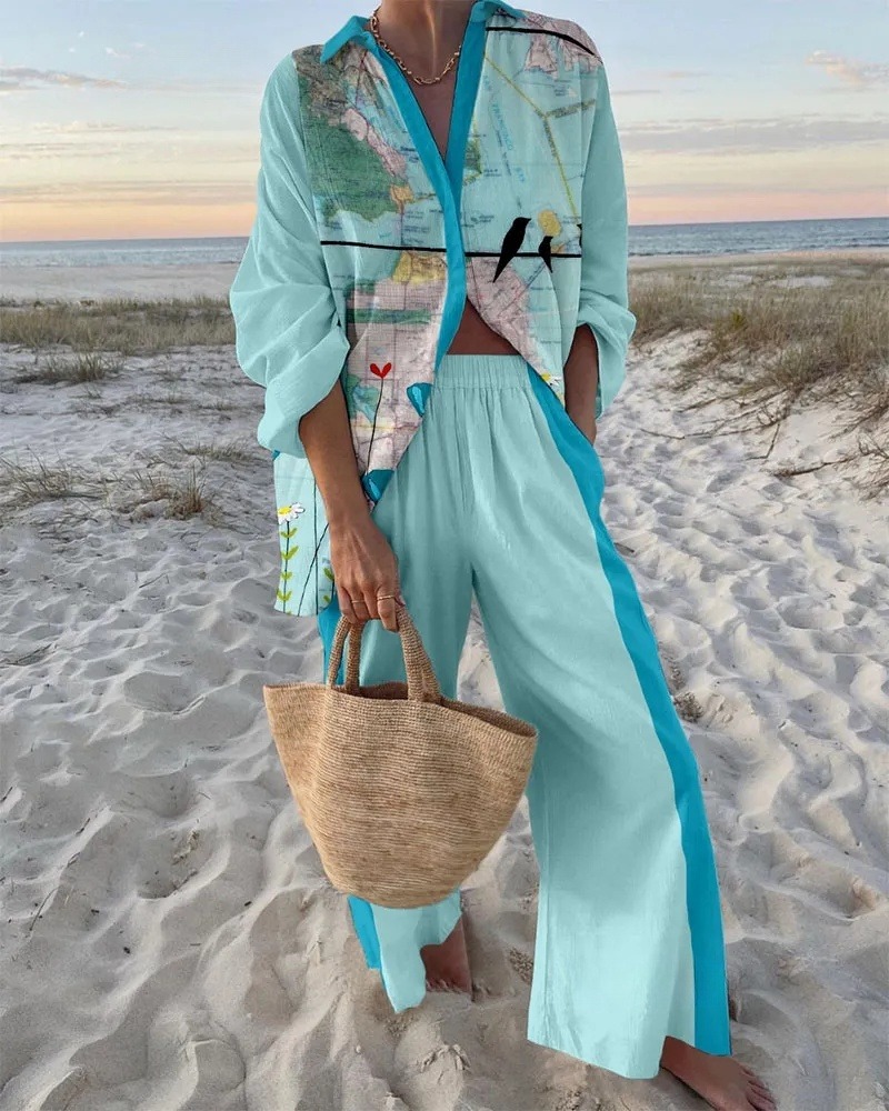 Blue Map Print Shirt & Pants Two-Piece Set