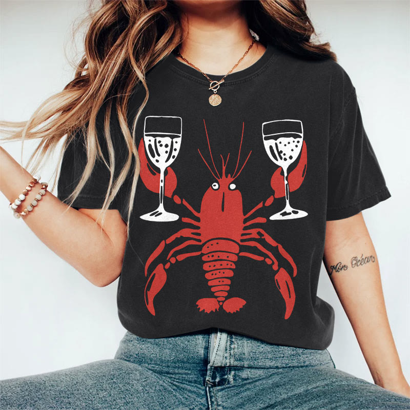 100% Cotton Women's Lobster Holding Wine Glass Art Print Casual T-shirt
