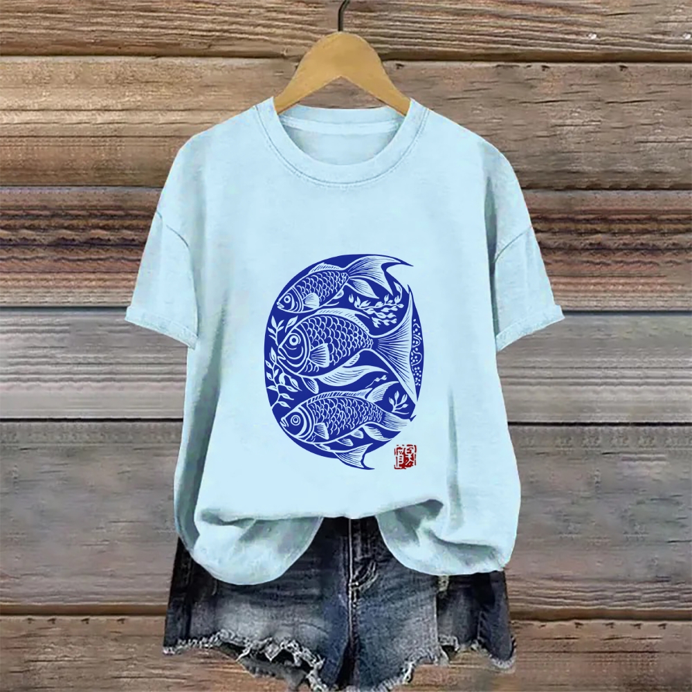 Cotton Japanese Linocut Fish Art Print T-shirt