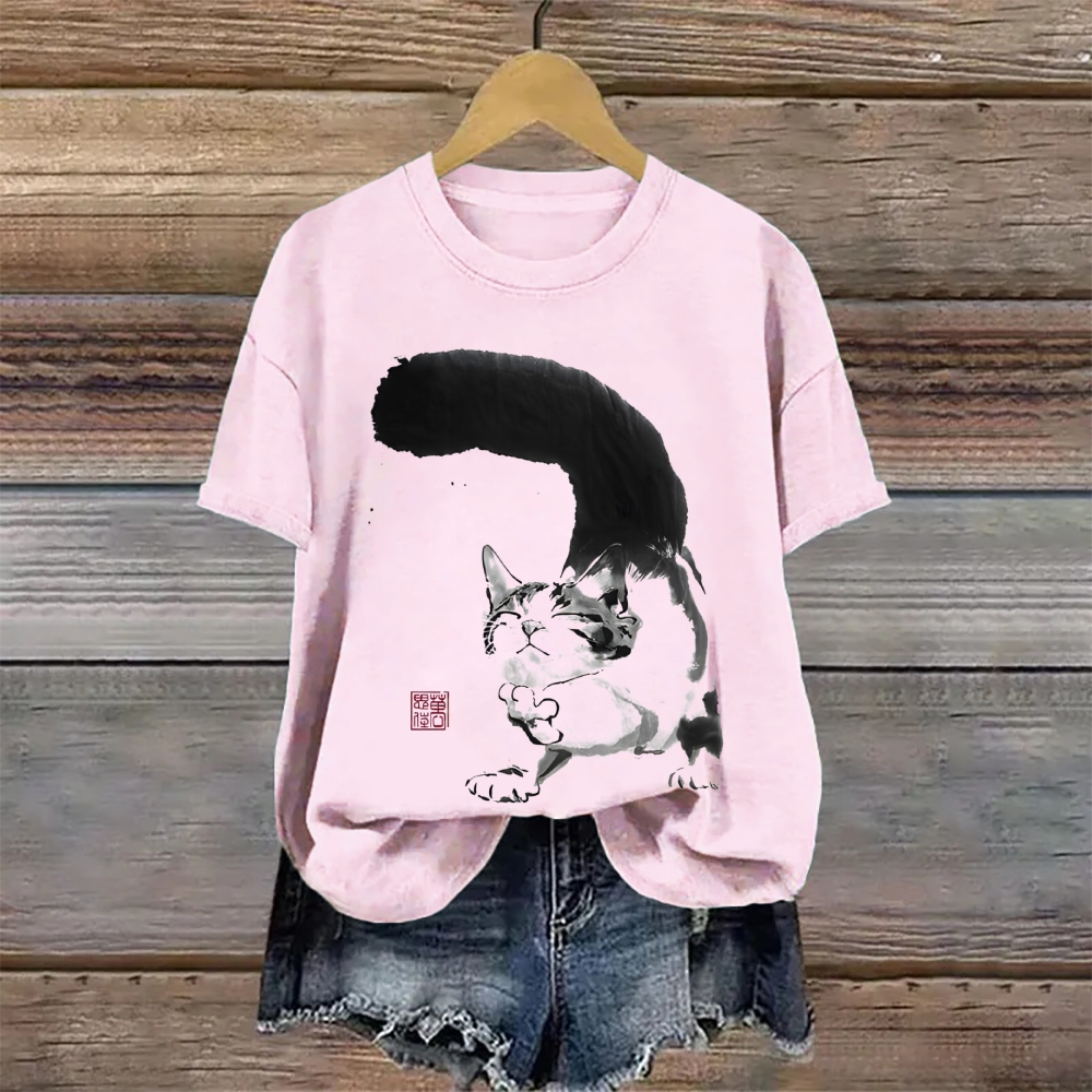Cotton Contented Cat Ink Art Print T-shirt