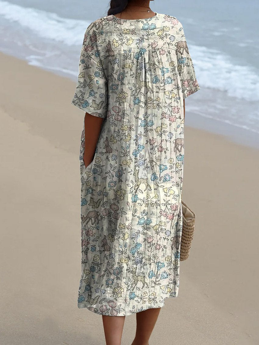 Retro Style Sweet Woodland Pattern Printed Women's Flowy Dress