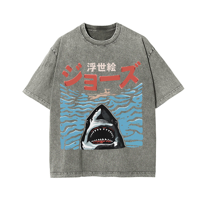 Ukiyoe Jaws Shark Vintage Wash Japanese Design T-Shirt