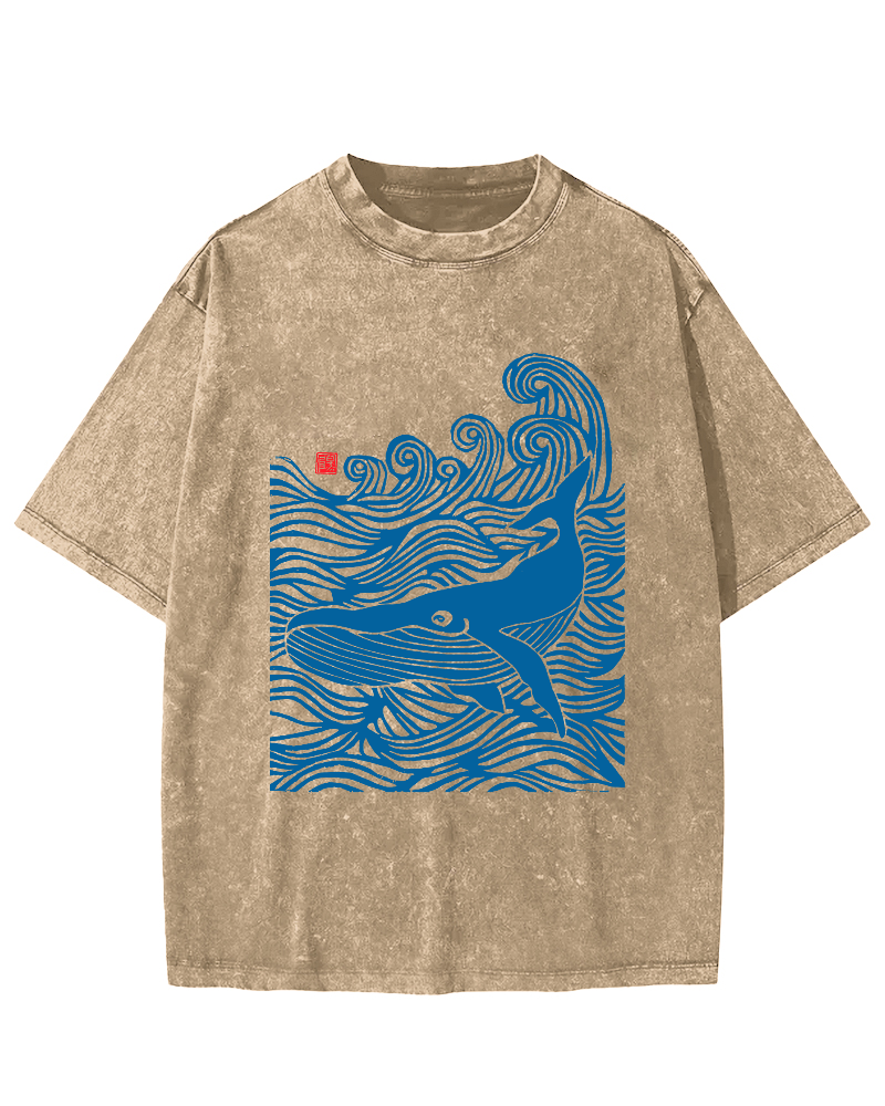 Whales in the Waves, Japanese Style Vintage Washed T-shirt