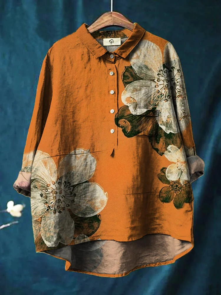 Elegant Flowers And Plants Printed Cotton And Linen Shirt