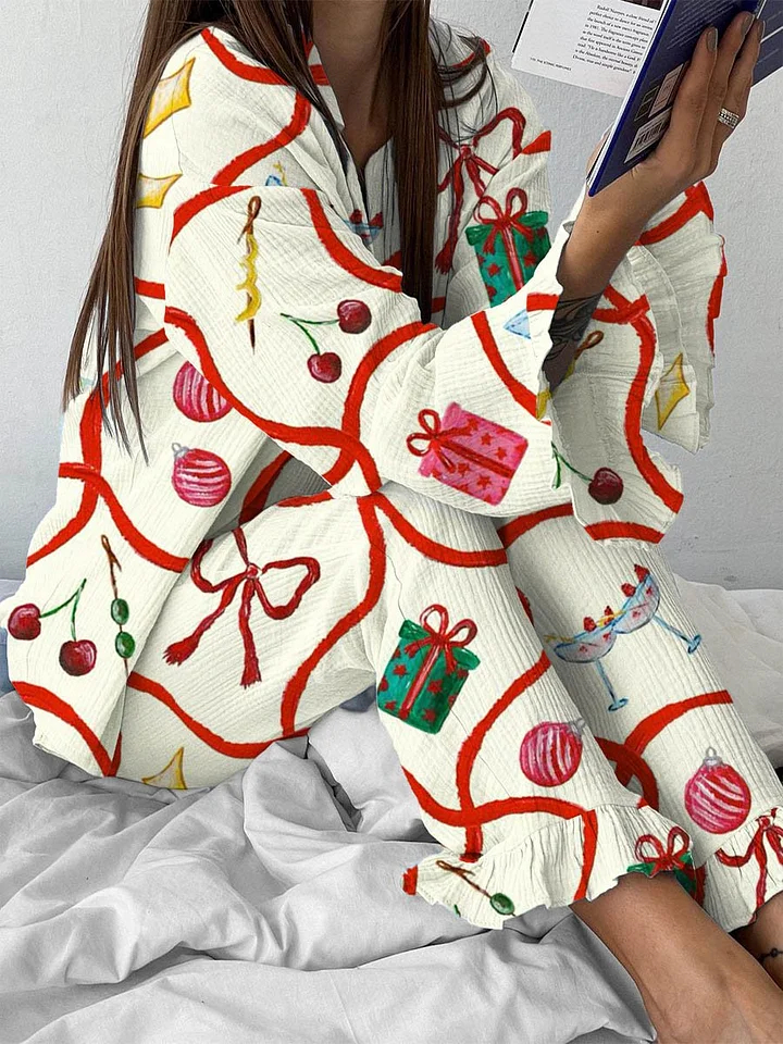 Women's Christmas Bow Candy Cane Ruffles Fairy Pink Pajama Set