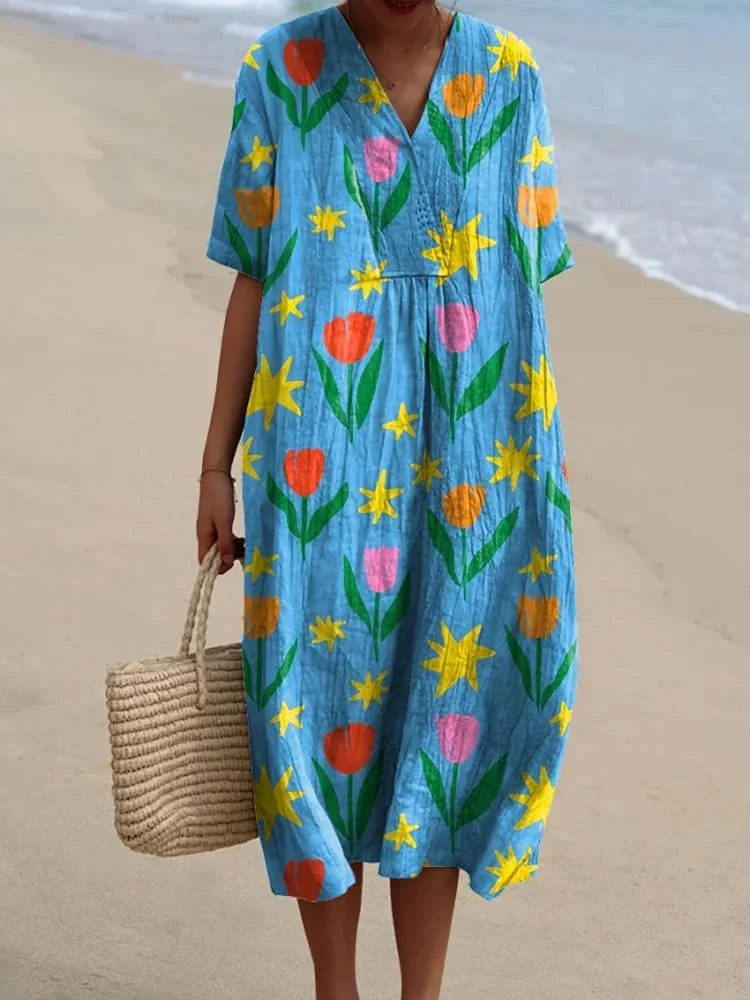 Women's Star Floral Print Casual Cotton And Linen Dress