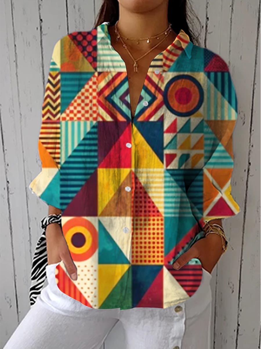 Women's Vintage Art Colourful Geometry Print Casual V-neck Shirt
