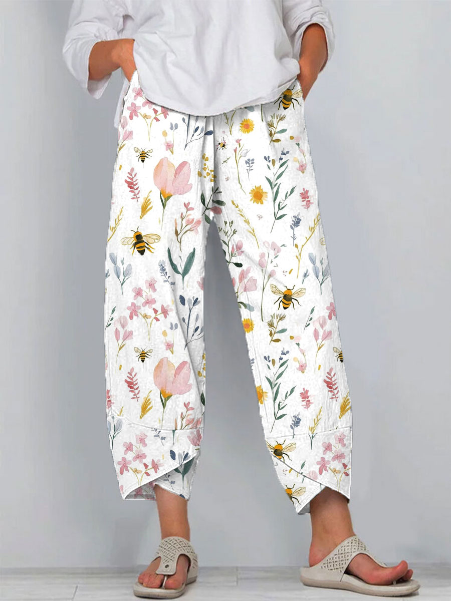 Women's  Bee Vintage Symmetrical Flowers Art Print Cotton And Linen Casual Pants