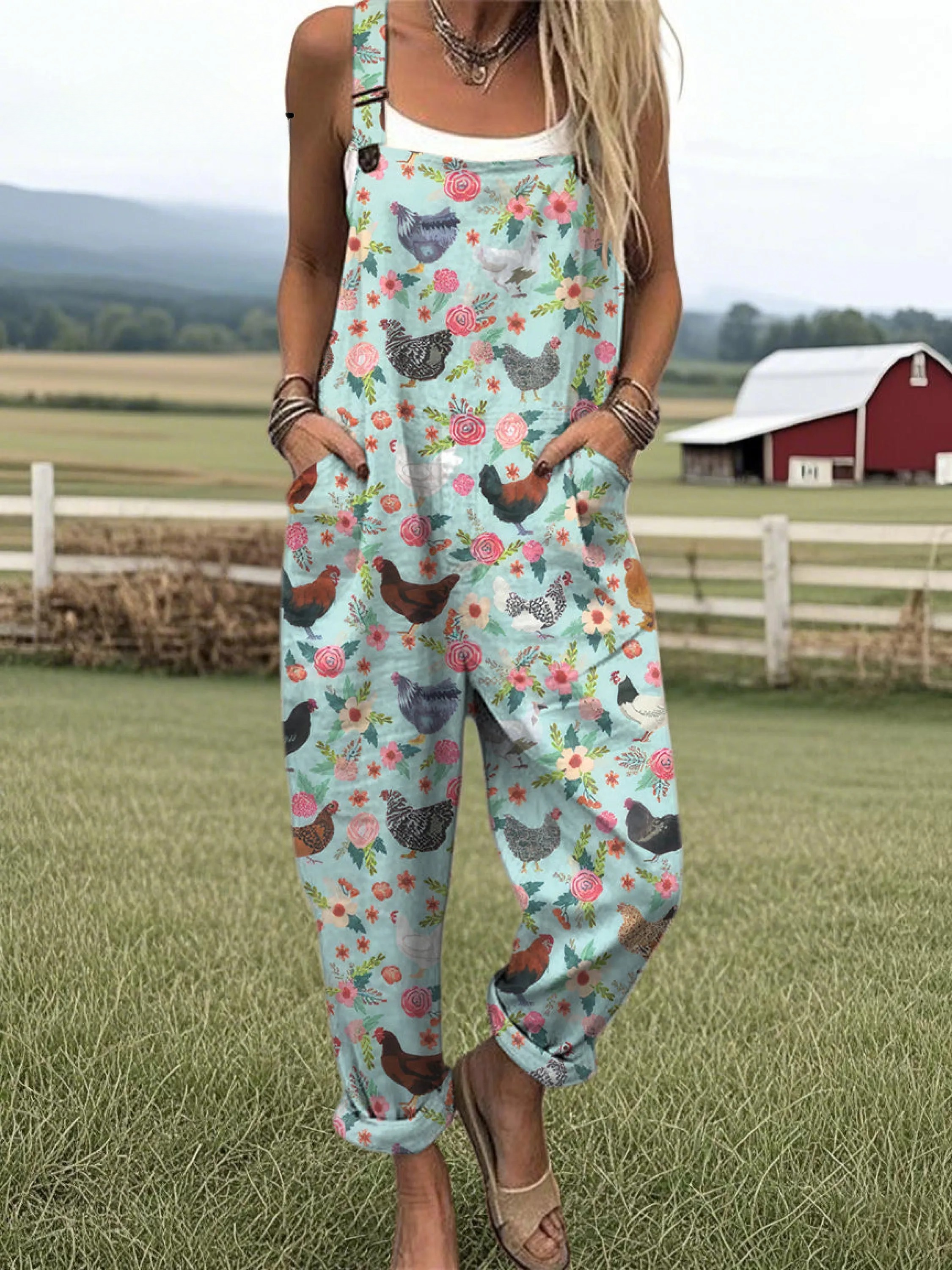 Women's Farm Chicken And Floral Pattern Casual Cotton Wide Leg Jumpsuit