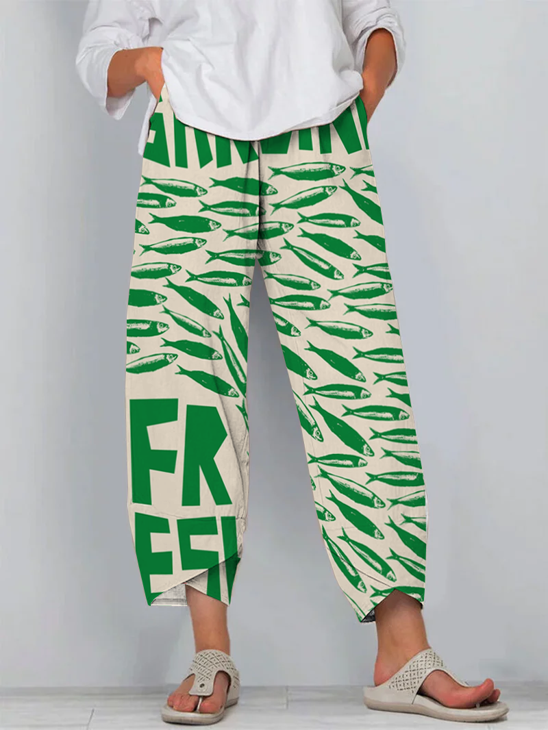 Japanese Sardines Art Print Cropped Pants