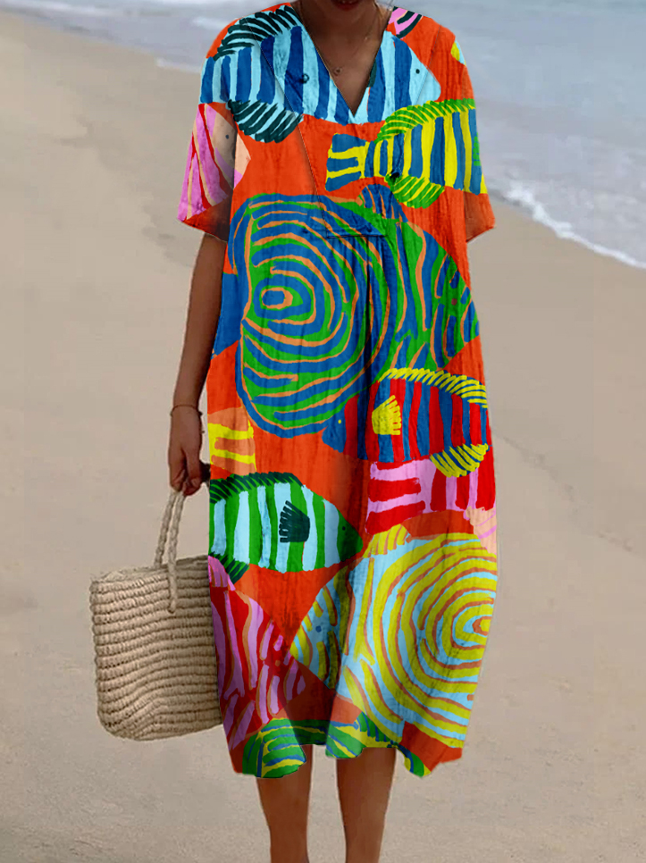 Women's Colorblock Fish Print Casual Cotton And Linen Dress