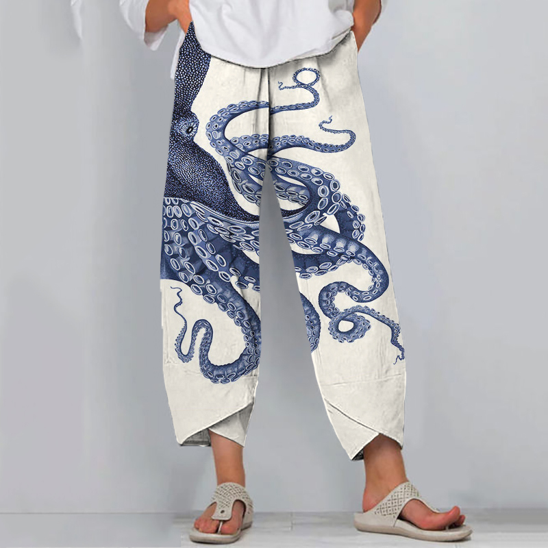 Japanese Art Octopus Print Casual Pants