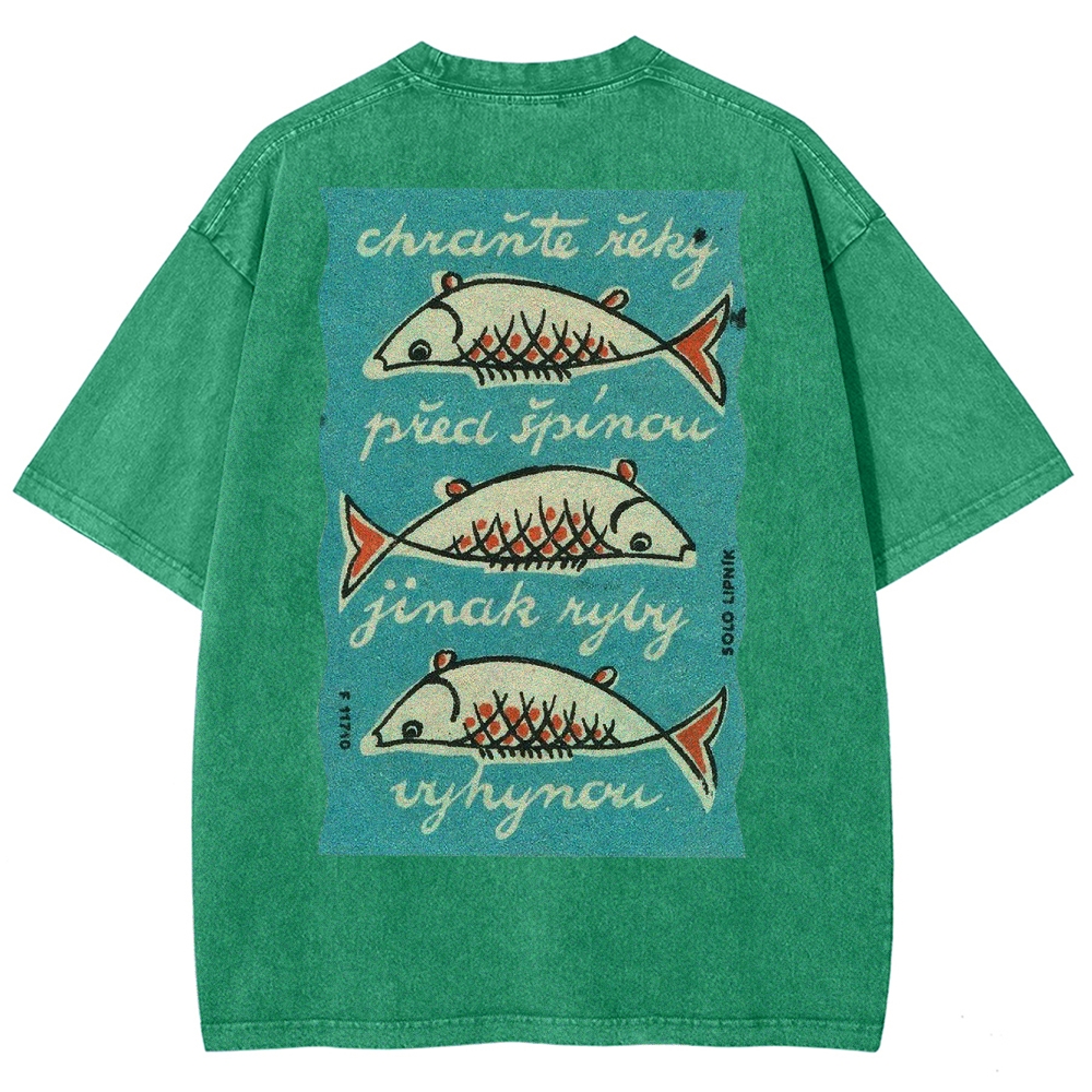 Fishes Pattern Printed Washed Vintage Short Sleeves T-Shirt