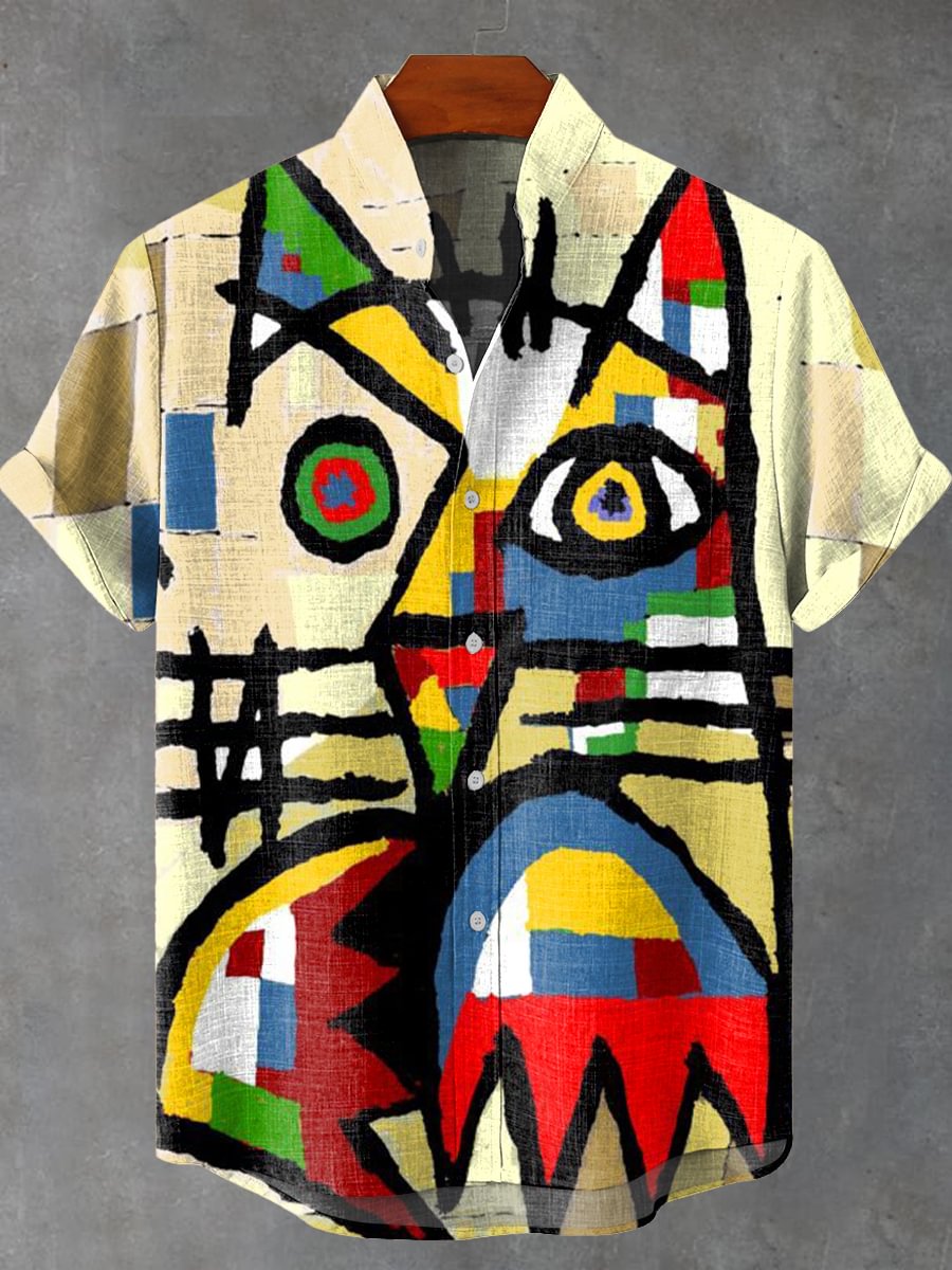 Abstract Art Design Cat Vintage Print Casual Shirt