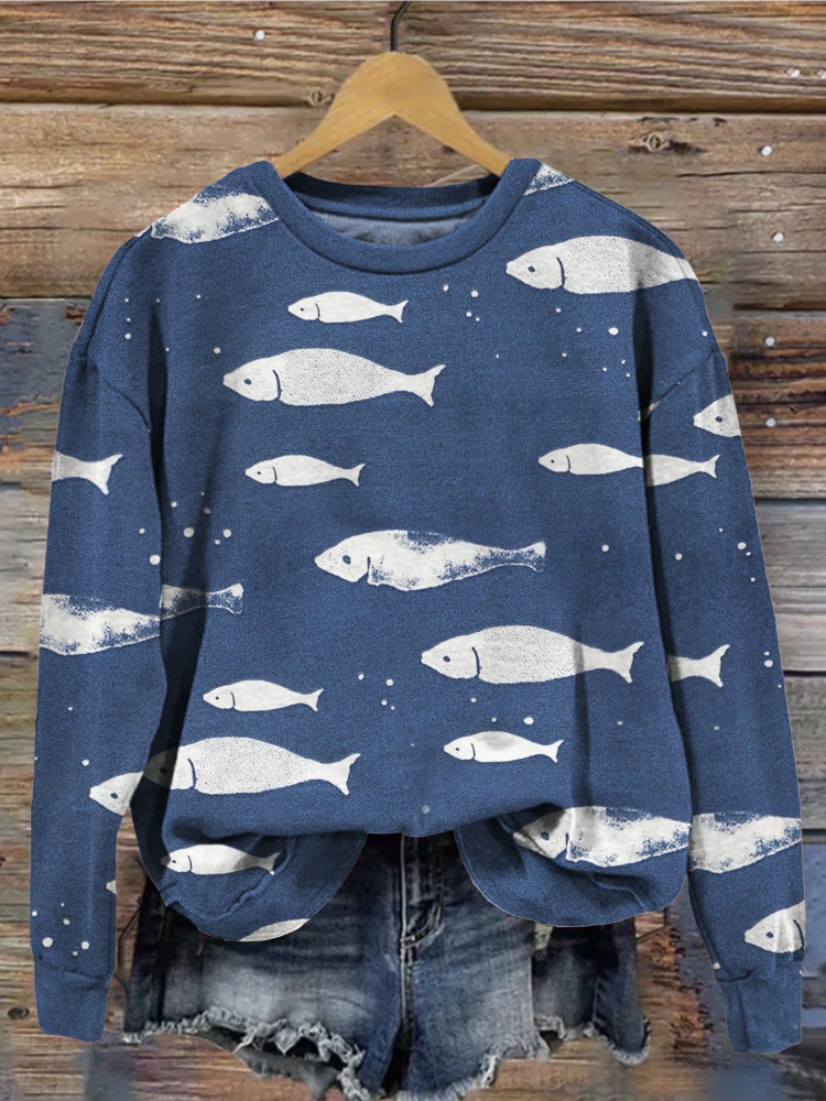 Vintage Fish Pattern Crew Neck Comfy Sweatshirt