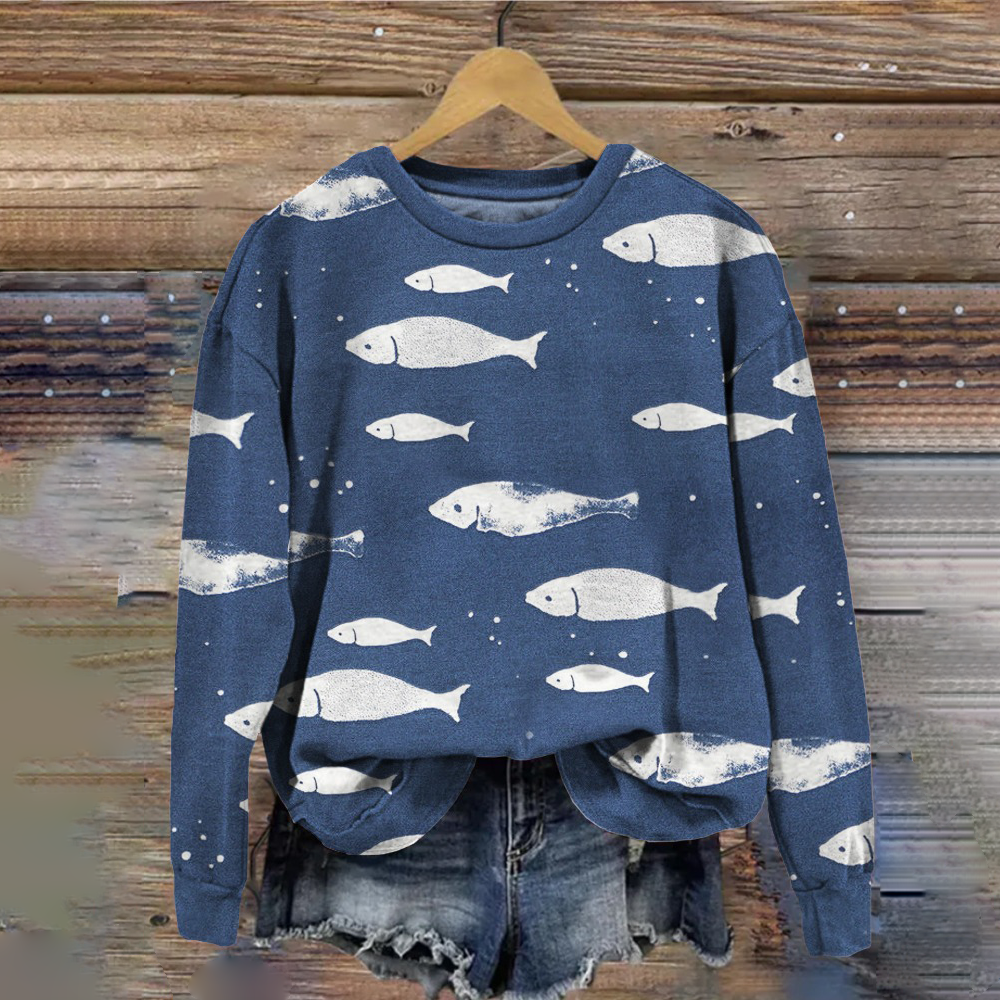 Vintage Fish Pattern Crew Neck Comfy Sweatshirt