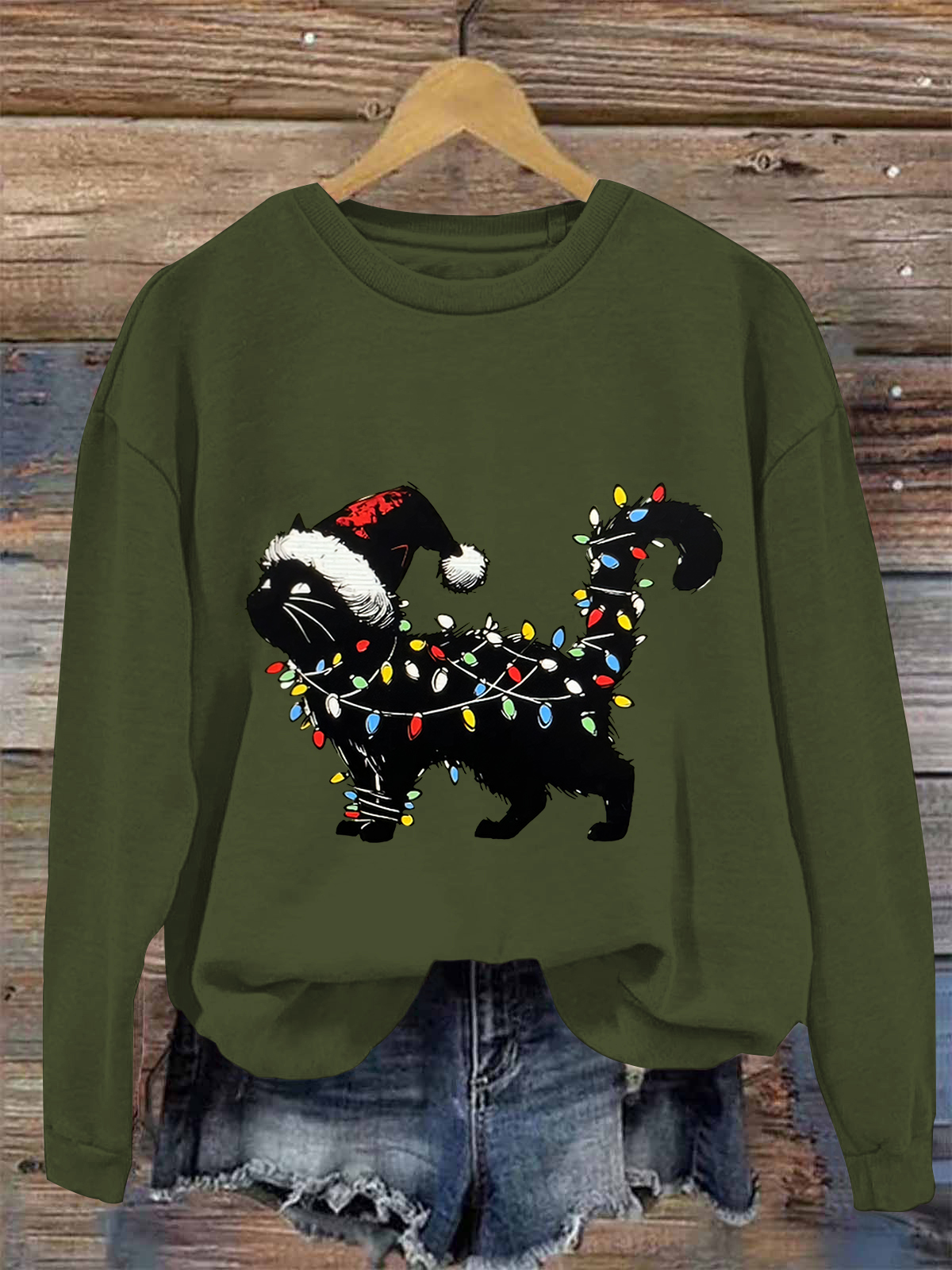 Christmas Cat Printed Fleece-lined Unisex Sweatshirt