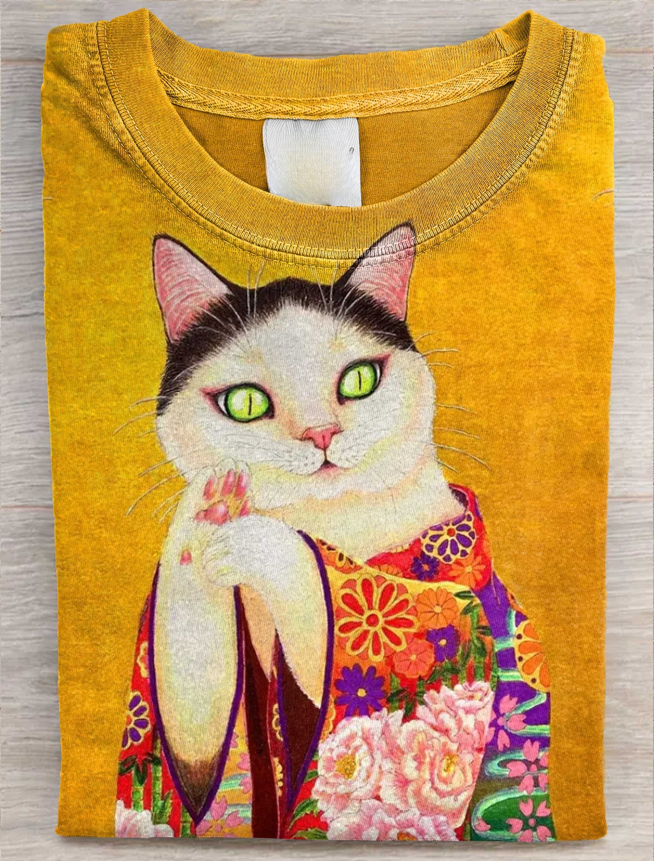 Cute Japanese Cat Art Print Casaul Short Sleeve T-shirt