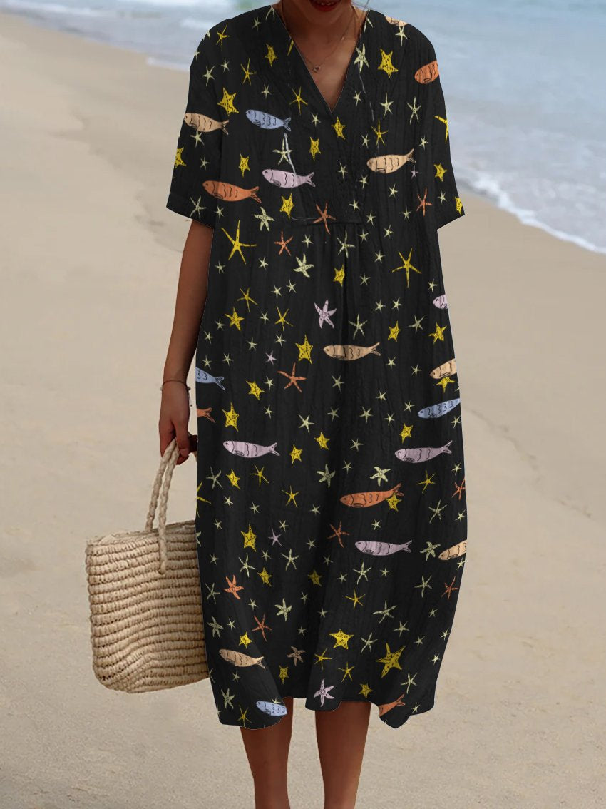 Colorful Starfish and Fish Decorative Pattern Flowy Dress