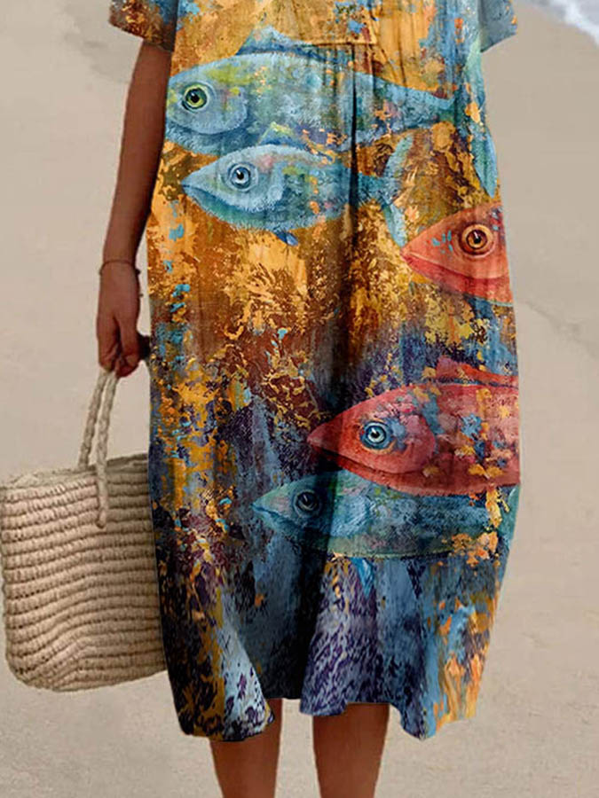 Women's Ocean Fish Colorblock Print Casual Cotton And Linen Dress