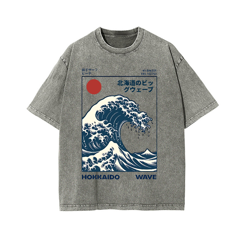 Hokkaido Wave Ukiyoe Vintage Wash Japanese Design T-Shirt