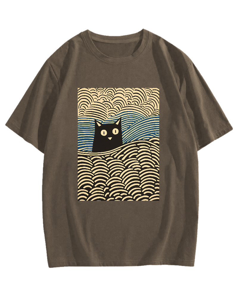 Wave Japanese Cat Art Cotton casual T-shirt