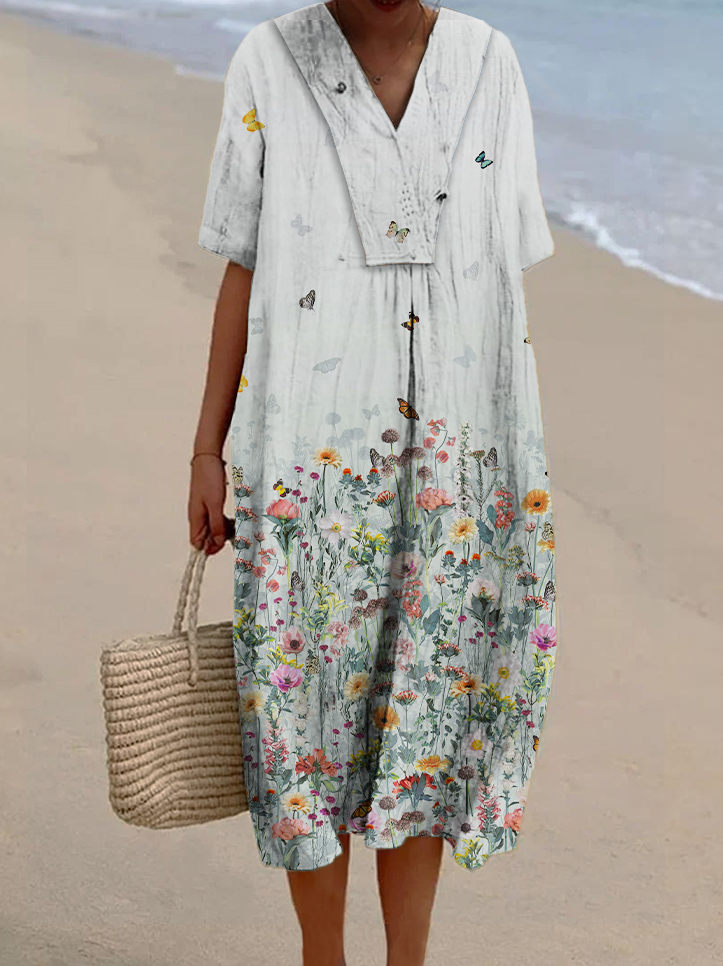 Women's Floral Gradient Print Casual Cotton And Linen Dress
