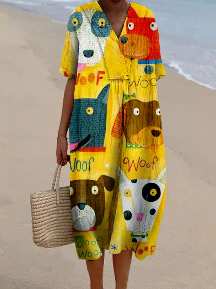 Women's Colorblock Dog Letter Print Casual Cotton And Linen Dress