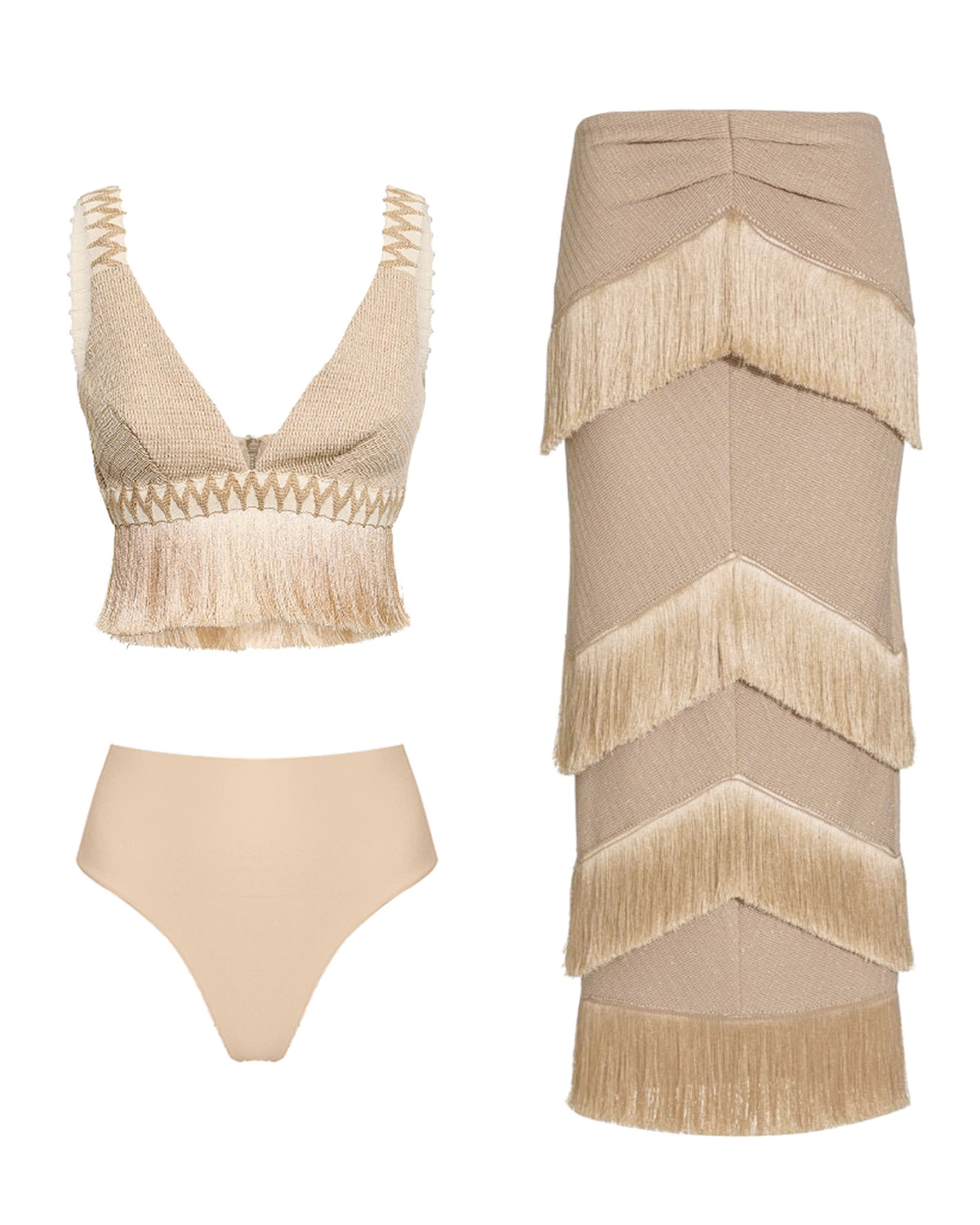 V-Neck Fringe Beach Fringed Solid Color Bikini Swimsuit and Skirt
