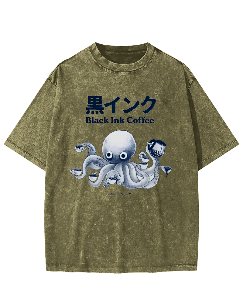 Black Ink Coffee Octopus Japan Vintage Washed T-shirt