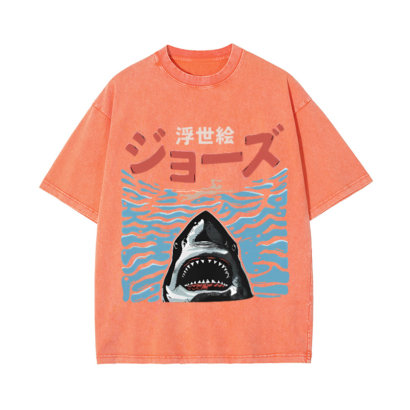 Ukiyoe Jaws Shark Vintage Wash Japanese Design T-Shirt