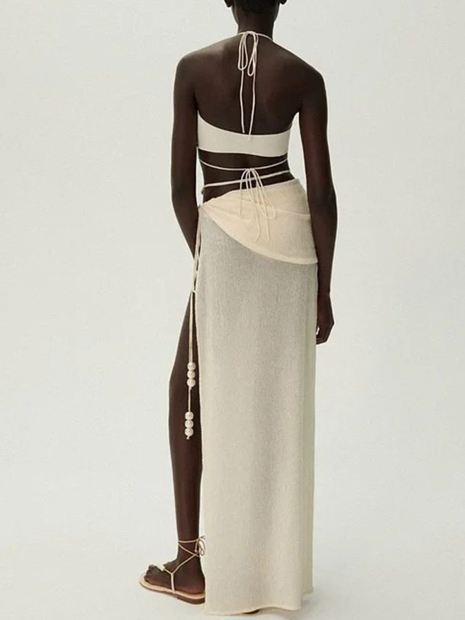 Halterneck Pearl Bandeau High Waist Bikini Swimsuit and Sarong