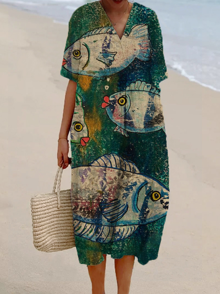 Women's Art Fish Print Casual Cotton And Linen Dress