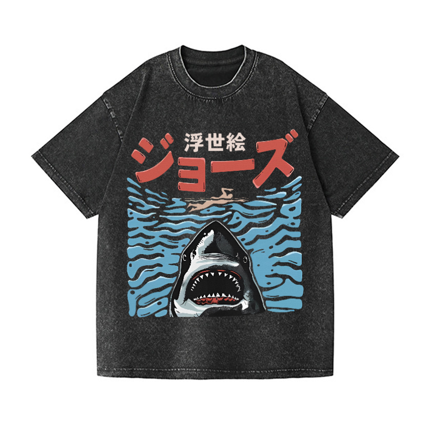 Ukiyoe Jaws Shark Vintage Wash Japanese Design T-Shirt