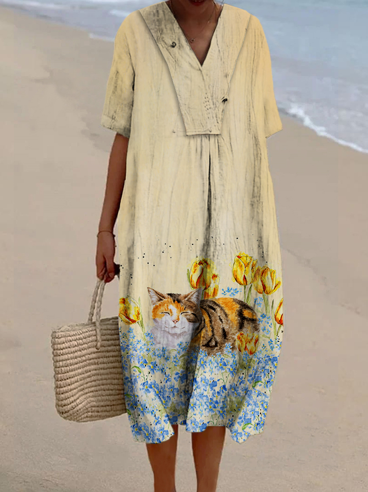 Women's Floral Cat Print Casual Cotton And Linen Dress