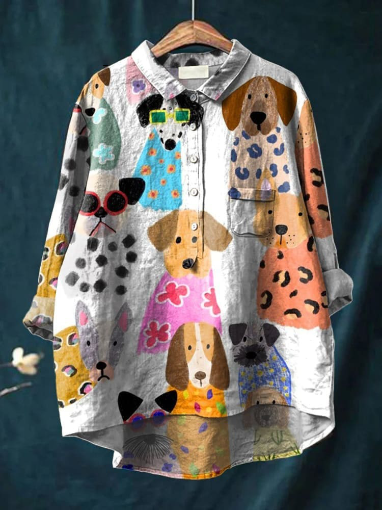 Women's Cute Cat Art Print Casual Cotton And Linen Shirt